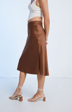 Brown Satin Midi Skirt image number 3