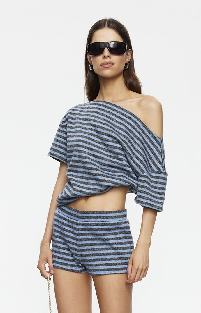 LIONESS Bloom Grey & Blue Striped Knit Shorts