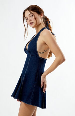 Denim V-Neck Halter Mini Dress image number 4