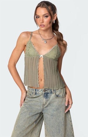 Pleated Lacey Split Front Tank Top image number 1