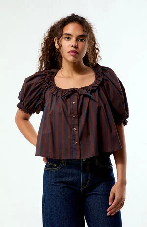 Striped Puff Sleeve Button Up Top image number 1