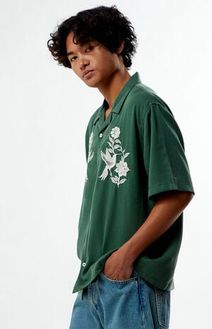 Green Floral Embroidered Oversized Resort Camp Shirt image number 3