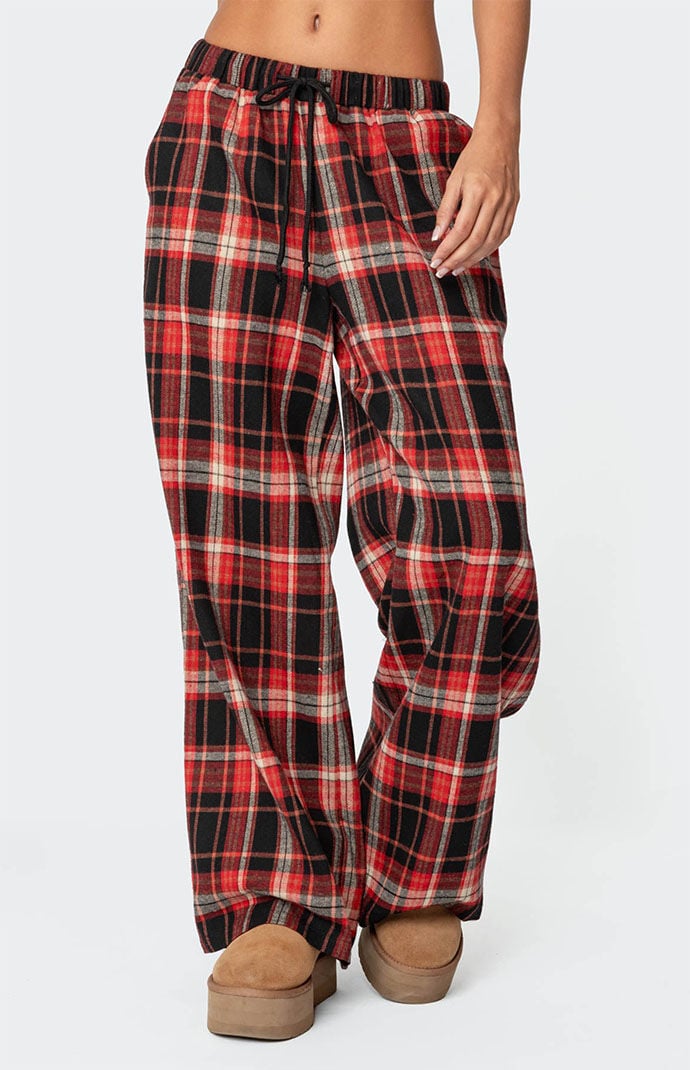 Edikted Women s Lounge Around Plaid Wide Leg Pants Red
