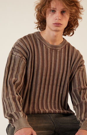 Brown Wide Ribbed Knit Crew Neck Sweater image number 1