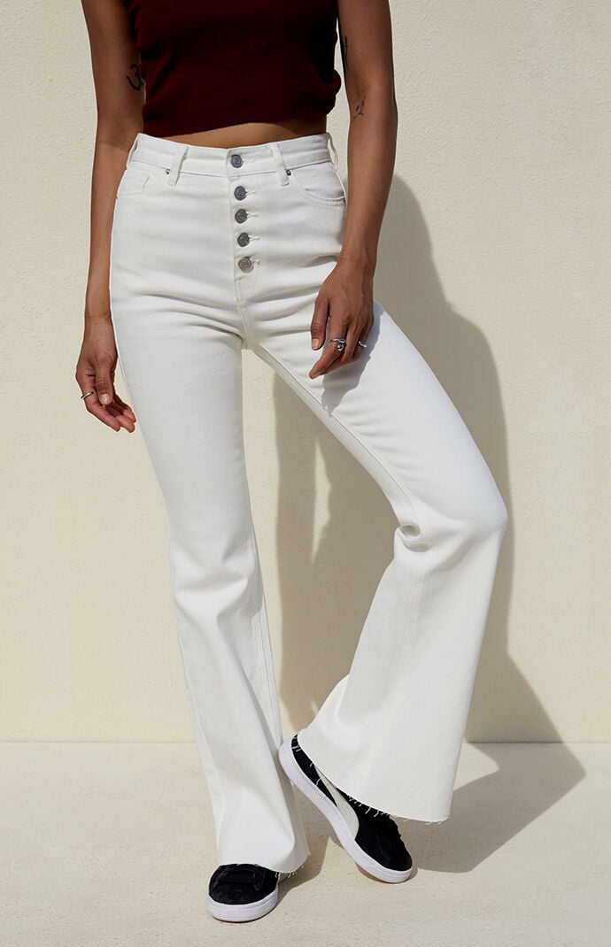 PacSun White Button Stretch High Waisted Flare Jeans PacSun