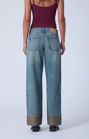 Kaia Ultimate Low Rise Baggy Jeans Roll Cuff Raw Cut Medium Blue image number 4