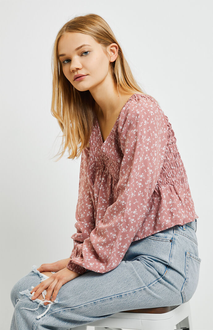 Long Sleeve Smocked V-Neck Babydoll Top