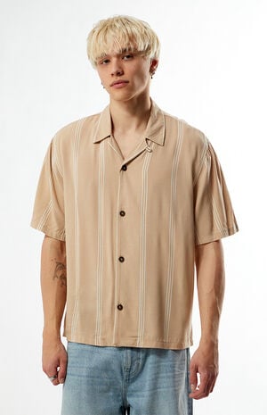 Tan Striped Oversized Camp Shirt