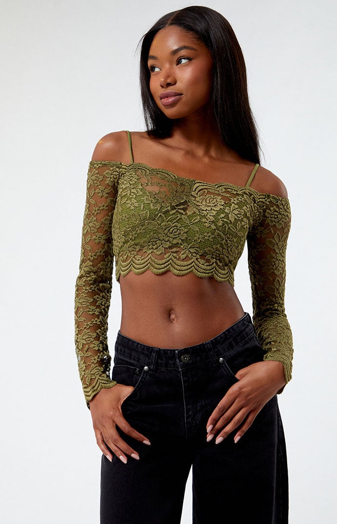 Green lace 2025 long sleeve top
