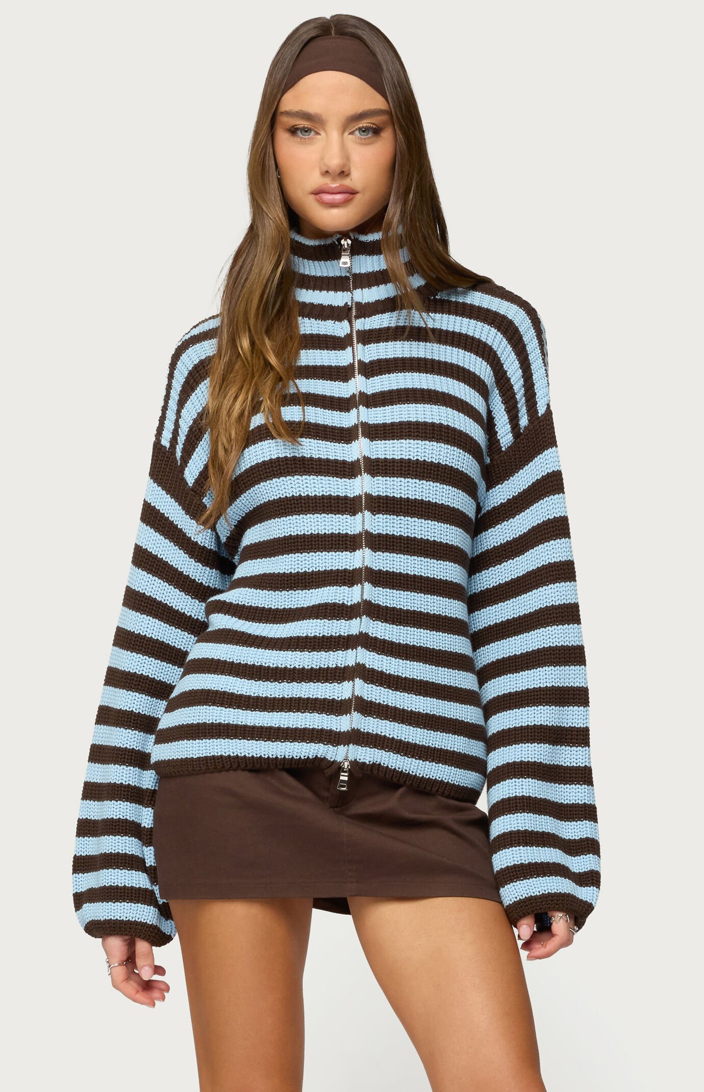 Edikted High Neck Striped Zip Up Sweater