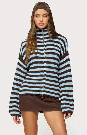 High Neck Striped Zip Up Sweater image number 1