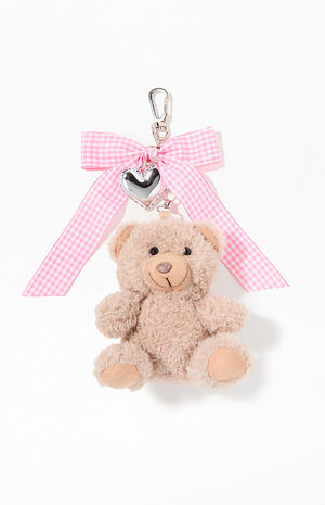 Gingham Bow Heart Bear Bag Charm Keychain image number 1
