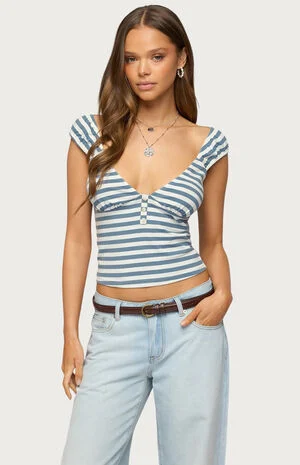 Aina Striped V Neck Henley Top image number 1