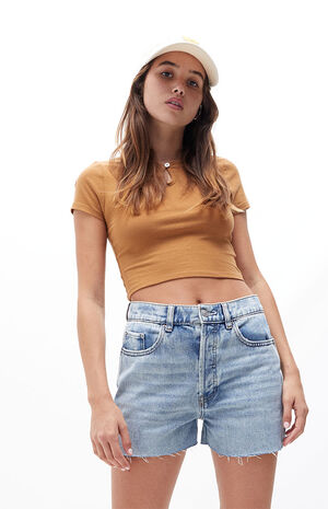 Upcycled Light Blue High Waisted Cutoff Denim Shorts image number 1