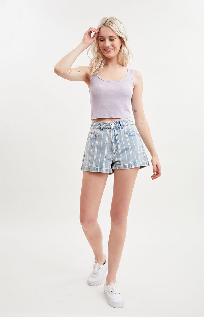 Pinstripe Daisy Denim Mom Shorts