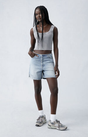 Eco Light Indigo Ripped High Waisted Relaxed Jorts image number 1