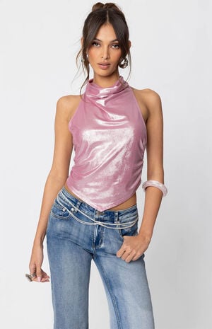 Shiny Backless Cowl Neck Top image number 1