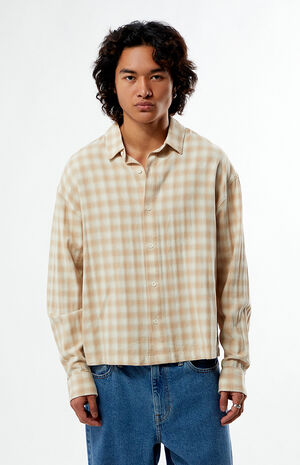 Cream Plaid Long Sleeve Button Down Shirt image number 1