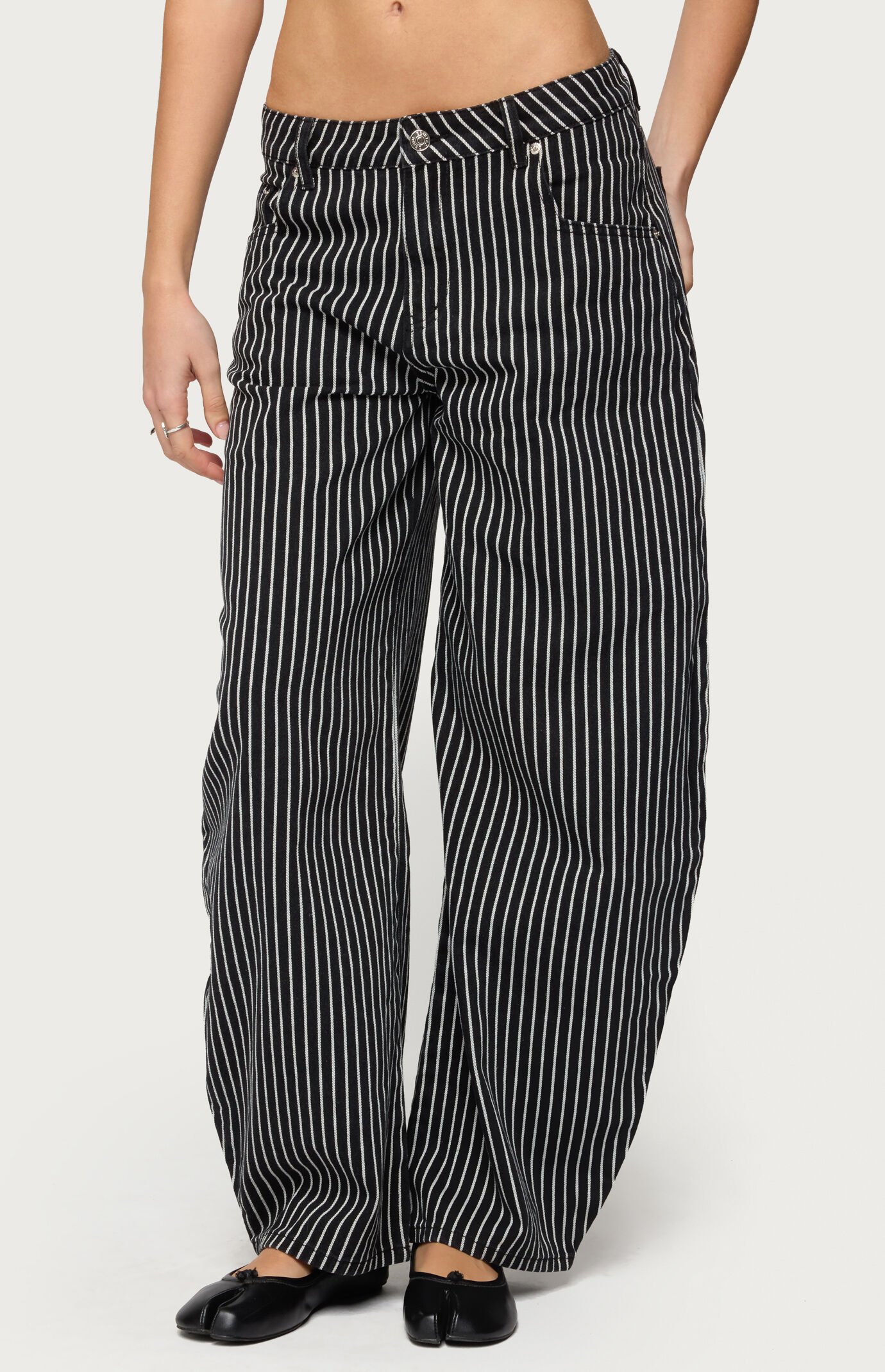 Edikted Pinstripe Low Rise Barrel Leg Jeans