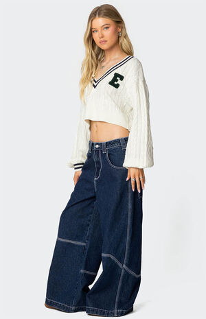 Collegiate Cropped Cable Knit Sweater image number 4