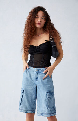 Light Indigo Zip Off Low Rise Baggy Cargo Jeans image number 5