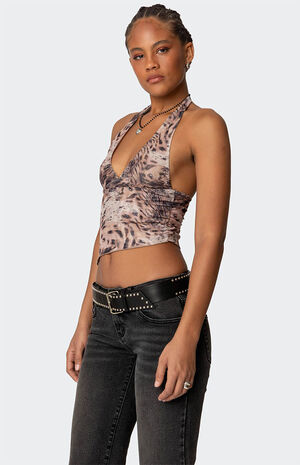Leopard Mesh Asymmetric Halter Top image number 4