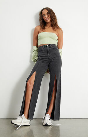 Eco Washed Black Slit Boyfriend Jeans image number 1