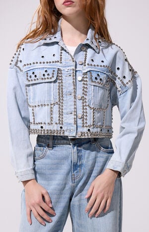 Jazella Light Blue Studded Cropped Denim Jacket image number 2