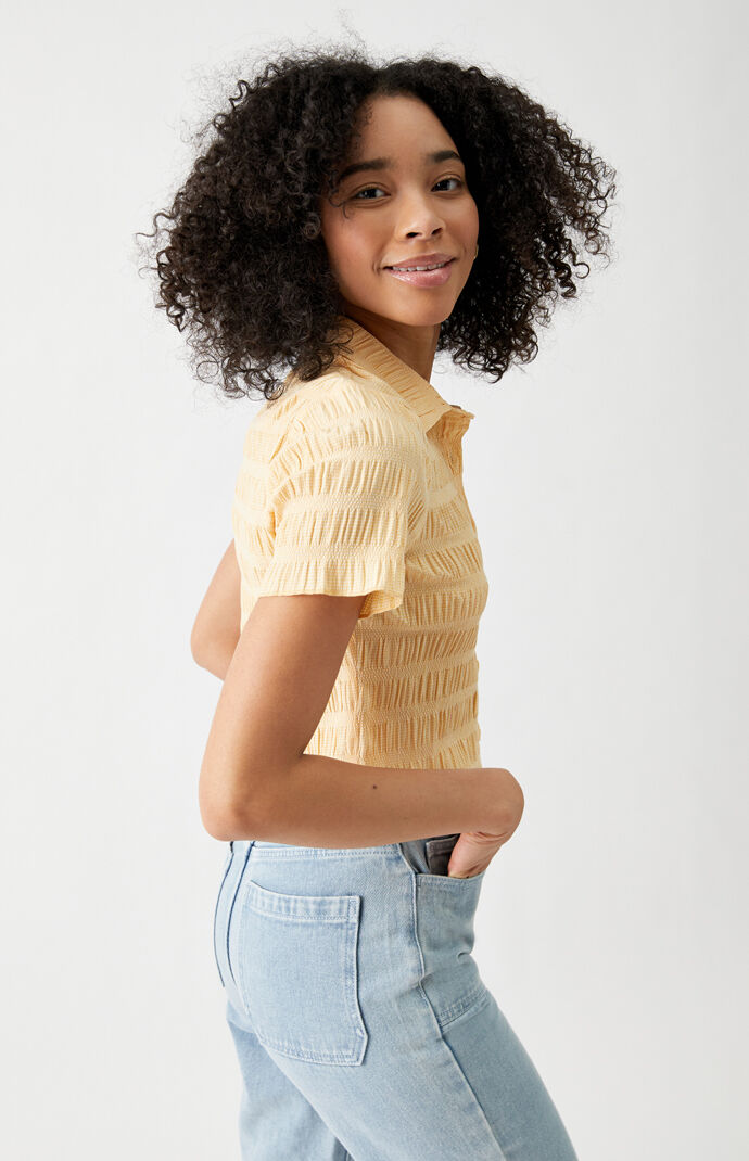 Shirred Smocked Button Down Shirt