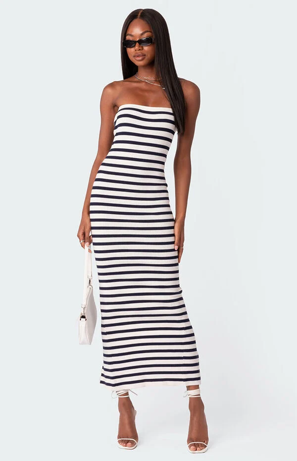 Edikted Knit Back Slitted Maxi Dress - Black - Size: Medium