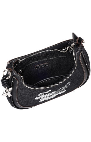 Black Wing Motif Denim Hobo Bag image number 6