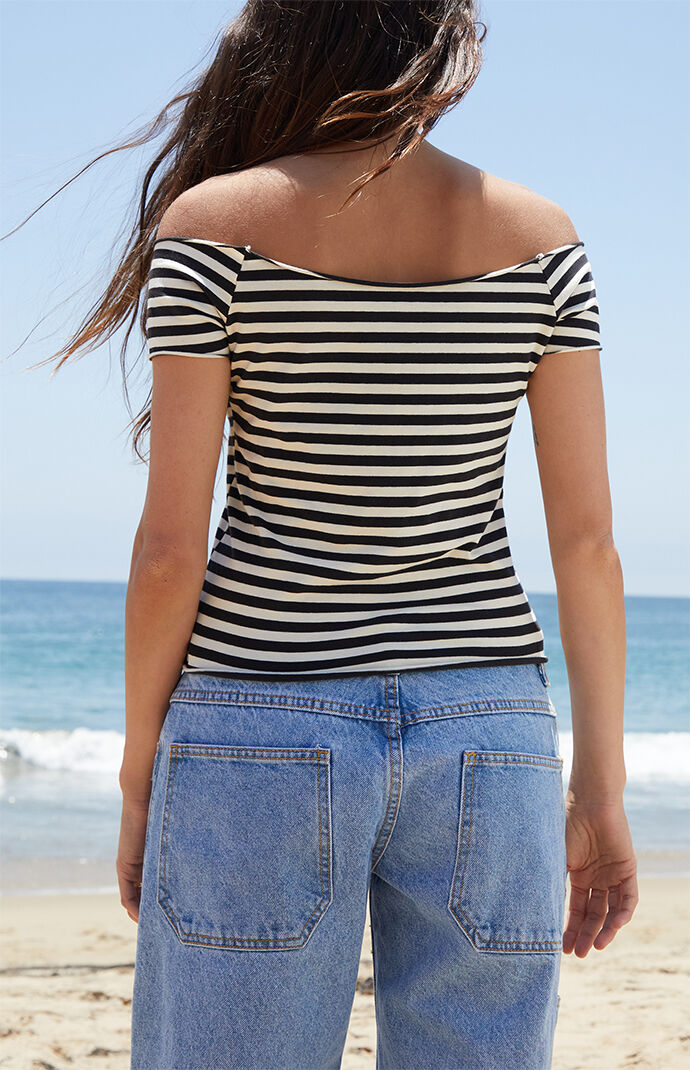 John Galt Black & White Striped Bonnie Off-The-Shoulder Crop Top