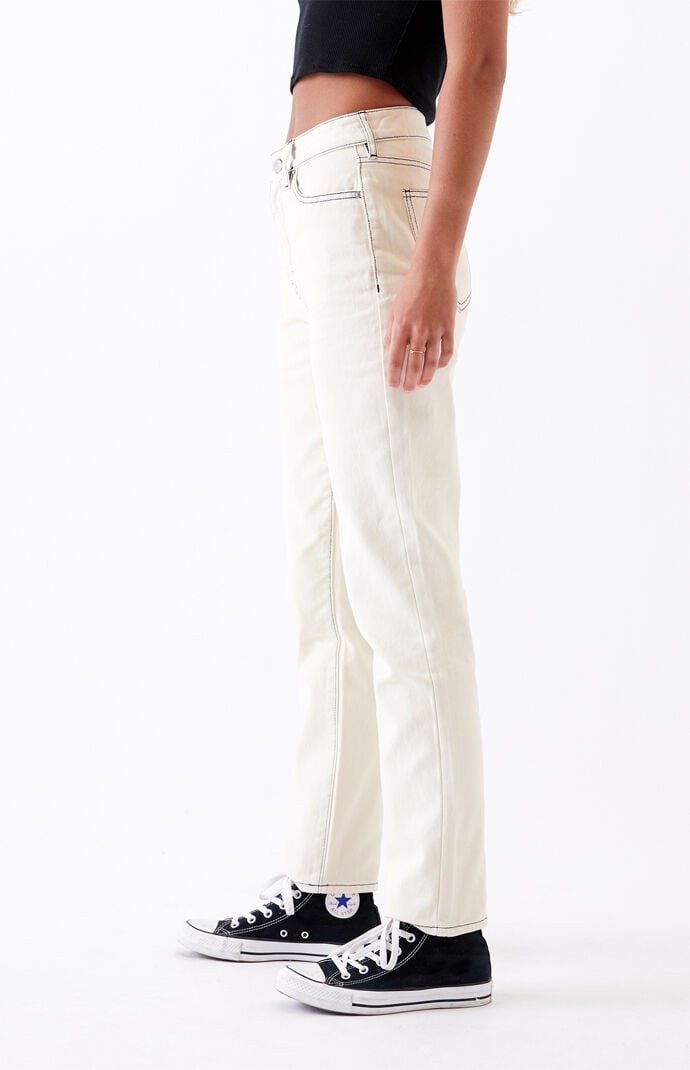 White mom jeans with brown stitching Clearance