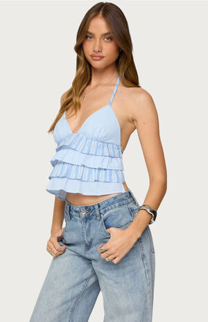 Tiered Ruffle Backless Striped Halter Top image number 2