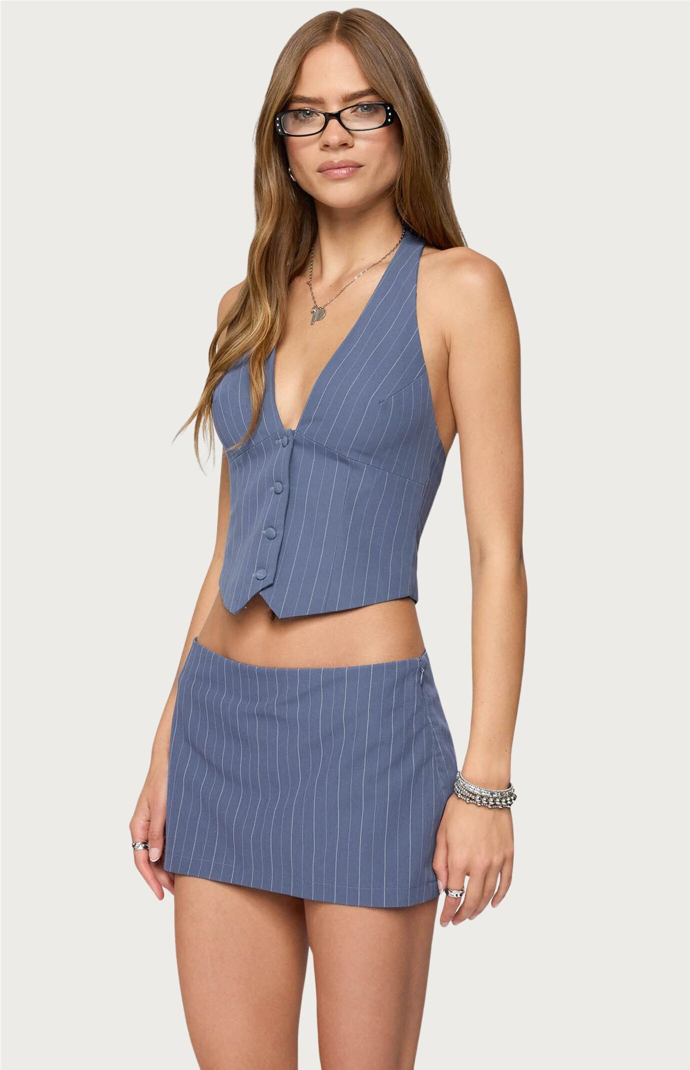 Edikted Frankey Pinstripe Button Up Halter Top