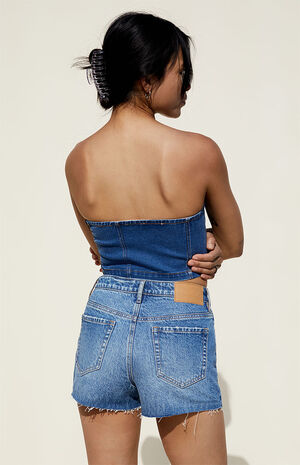 Medium Blue Stretch High Waisted Denim Shorts image number 4