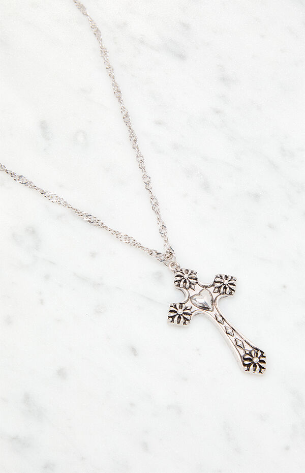 LA Hearts Etched Cross Pendant Necklace