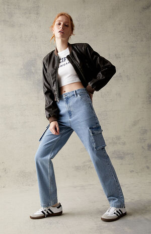 Light Blue Cargo Dad Jeans image number 2