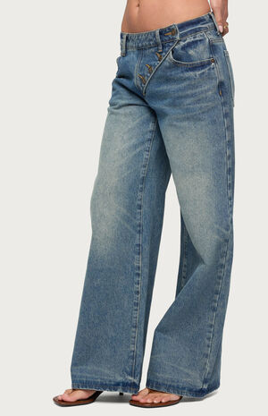 Moxlan Slanted Button Low Rise Baggy Jeans image number 2