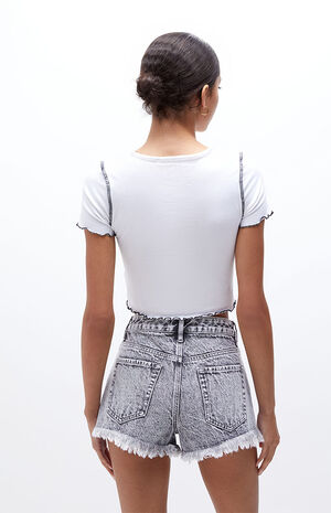 Black Acid Wash High Waisted Denim Festival Shorts image number 4