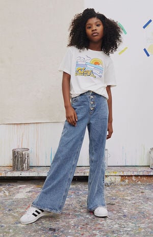 Eco Medium Blue Slit Hem Baggy Jeans image number 1