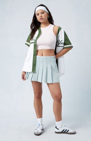 Eco Light Indigo Mid Rise Pleated Denim Mini Skirt