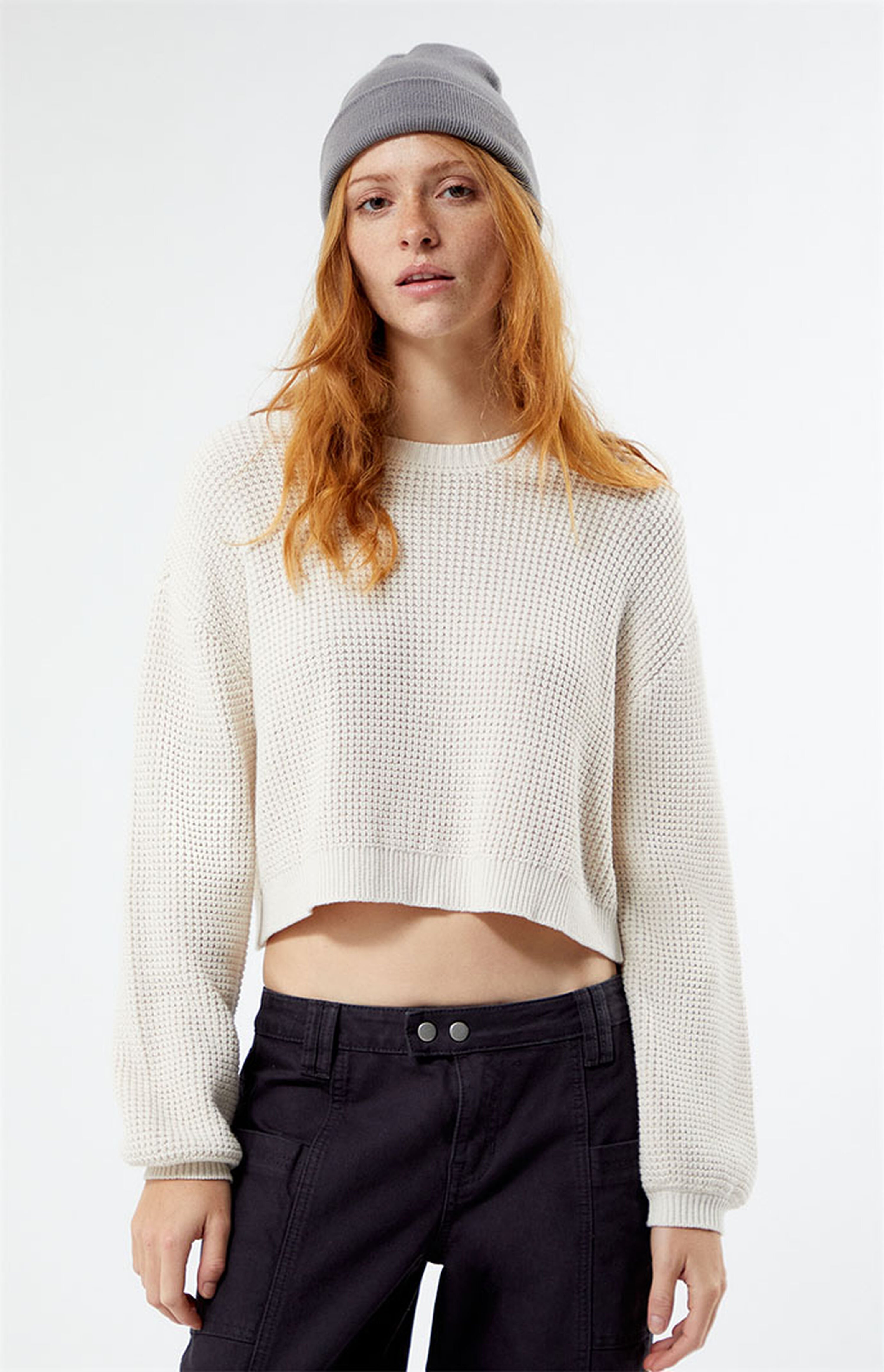 Classic Cutie Long Sleeve Chenille Waffle Knit Round Neck Sweater in Black