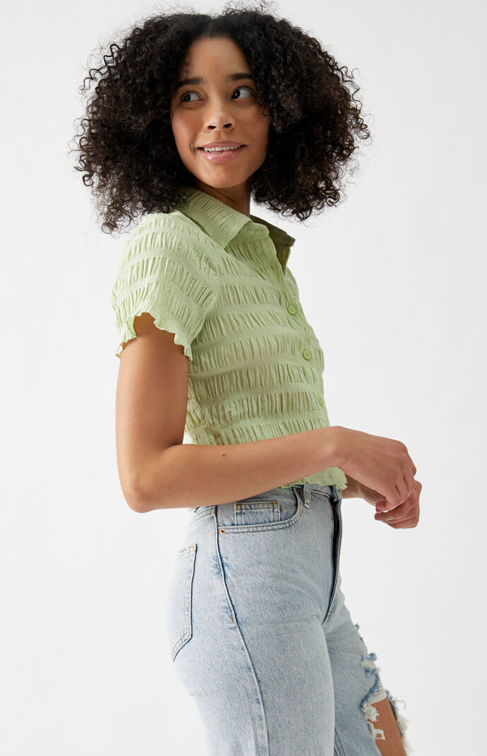 Shirred Smocked Button Down Shirt