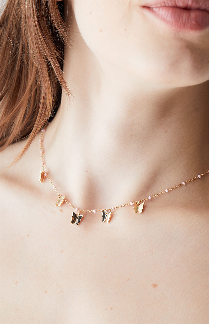 LA Hearts Gold Beaded Butterfly Necklace at