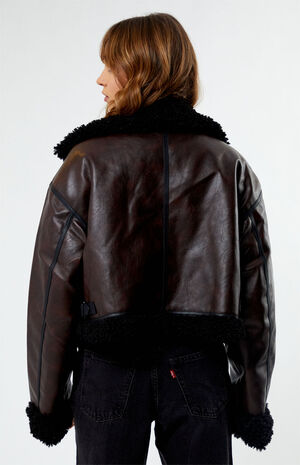 Cropped Faux Leather Sherpa Moto Jacket image number 3