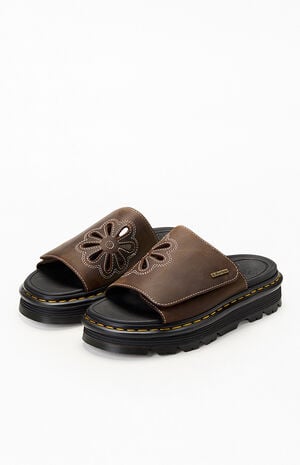 Women's Brown Leather Zebzag Flower Slide Sandals image number 2