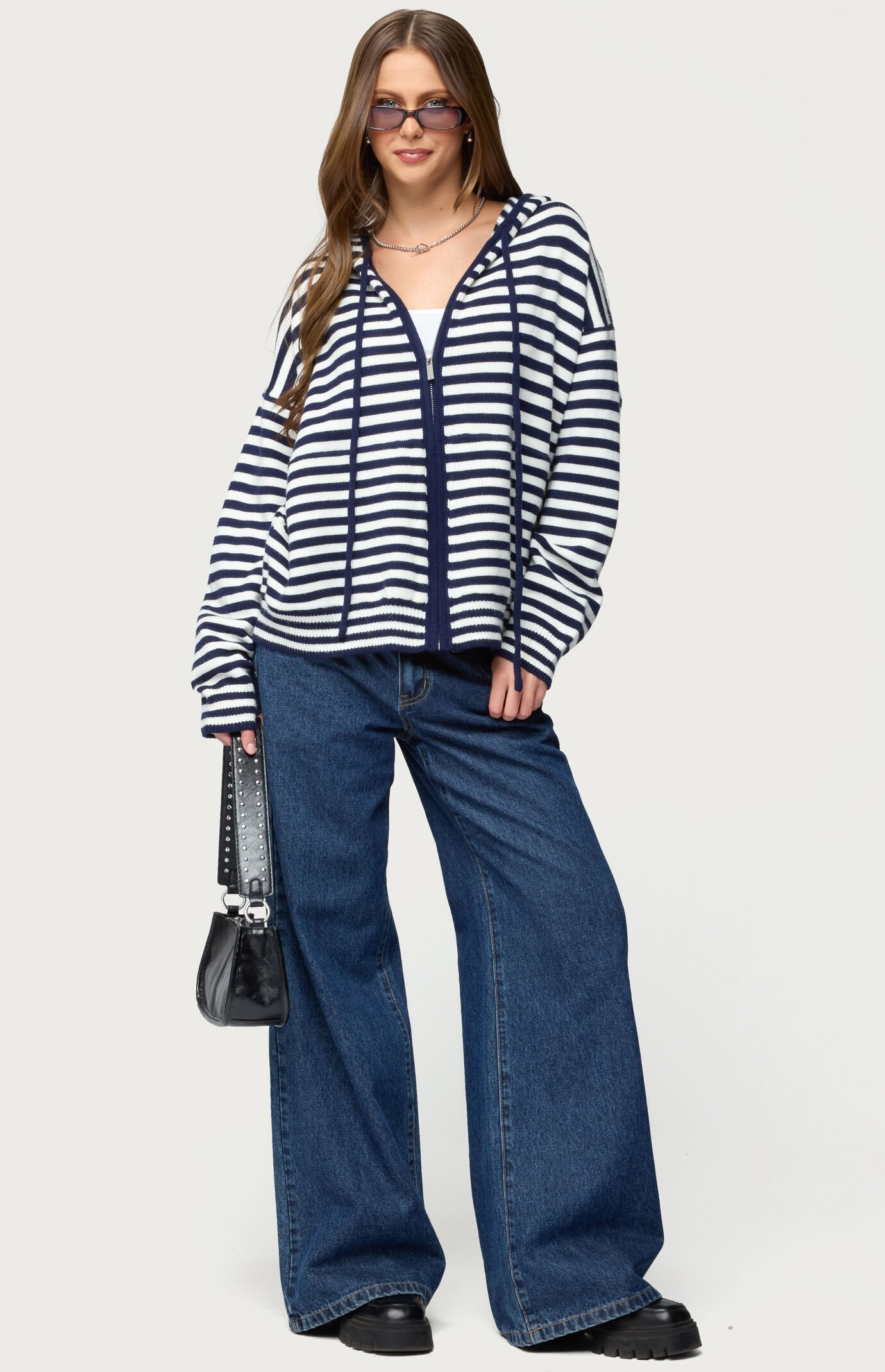 Edikted Safari Striped Knit Zip Up Hoodie