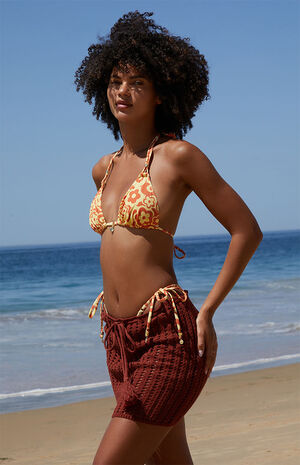 Brown Drawstring Crochet Mini Skirt image number 3