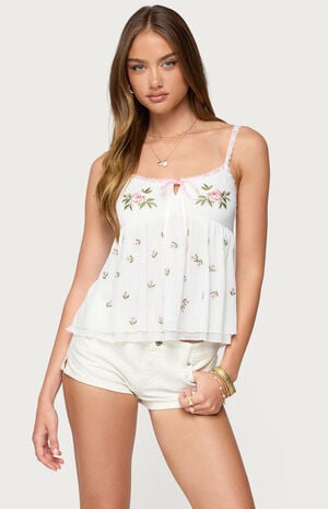 Embroidered Layered Mesh Babydoll Top image number 1